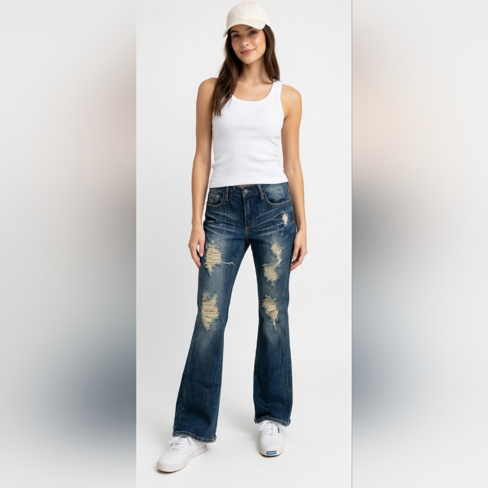 Machine Women's Distressed Dark Blue Boot Cut Jeans